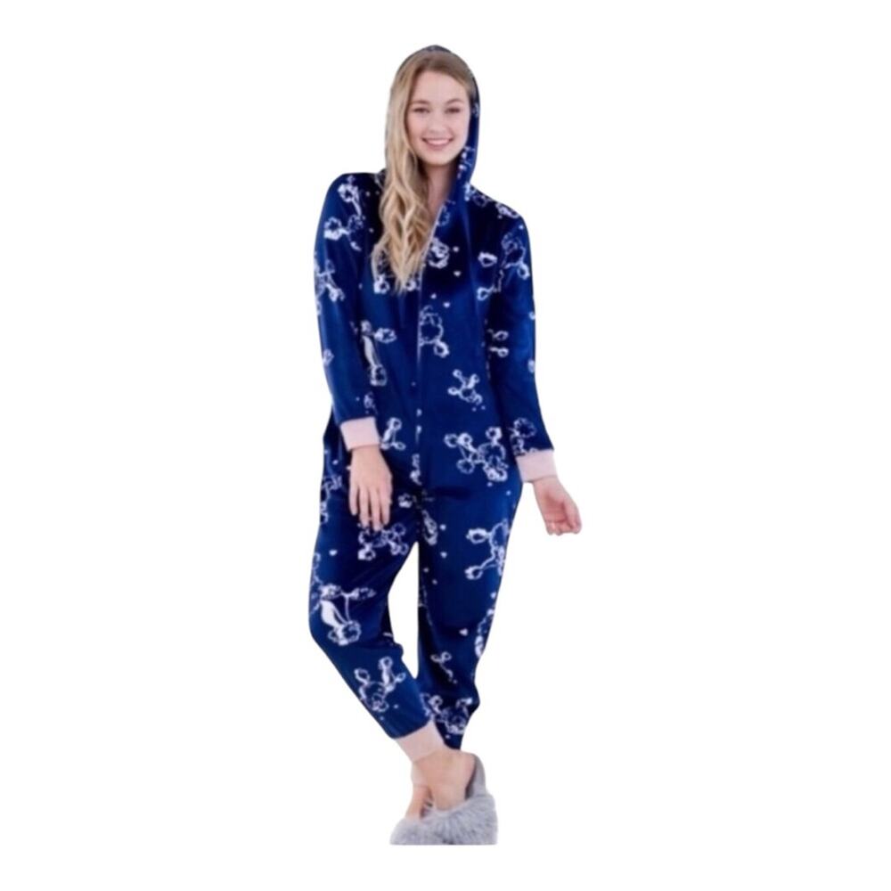 Hale Bob Pajamas NWT White Poodles Navy Pink Trim Wrist Ankles Hoodie Onesie Med